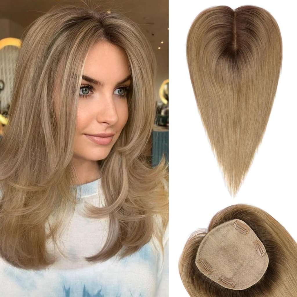 Hair Toppers for Women Real Human Hair 5"*5.5"Large Coverage Brown with Blond Highlight Hair Topper No Bangs