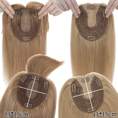 Human Hair Toppers For Women 100% Remy Topper With/Without Bangs 13*15CM Silk Base Clip In Topper 14inch - Blonde