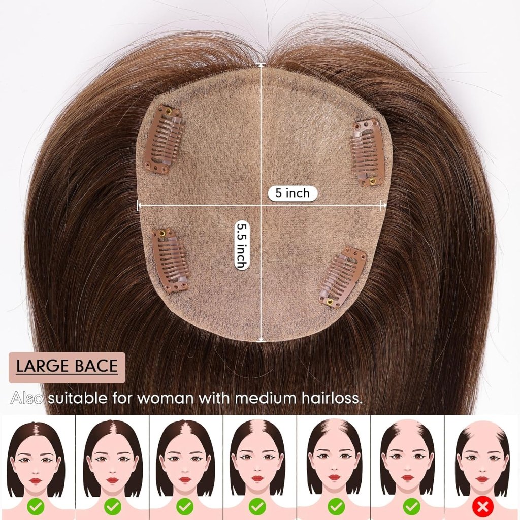 Hair Toppers for Women Real Human Hair 5"*5.5"Large Coverage Brown with Blond Highlight Hair Topper No Bangs