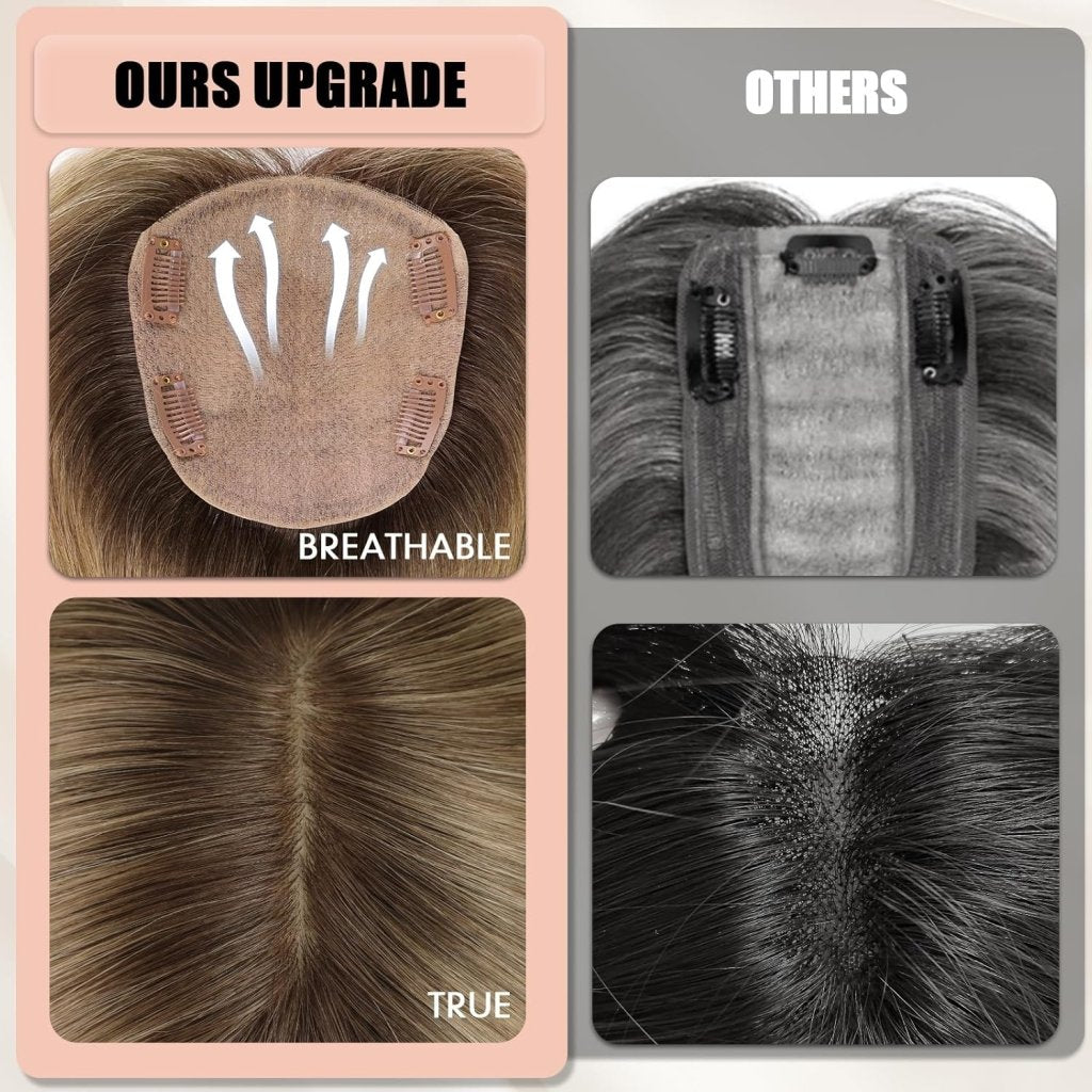Hair Toppers for Women Real Human Hair 5"*5.5"Large Coverage Brown with Blond Highlight Hair Topper No Bangs