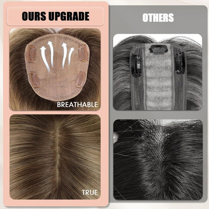 Hair Toppers for Women Real Human Hair 5"*5.5"Large Coverage Brown with Blond Highlight Hair Topper No Bangs
