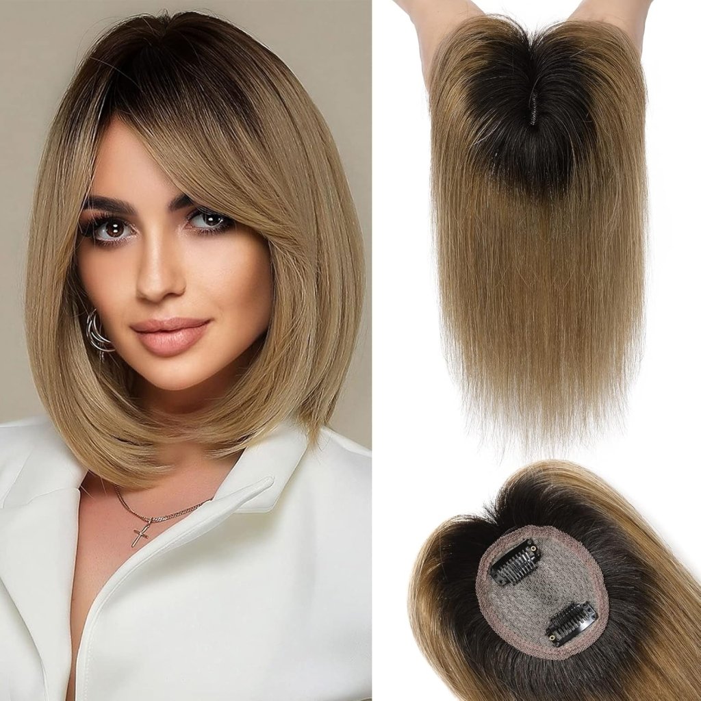 Hair Toppers Real Human Hair 10 inch with Bangs for Women Thinning Hair Dark Grey