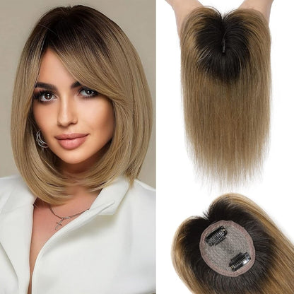 Hair Toppers Real Human Hair 10 inch with Bangs for Women Thinning Hair Dark Grey