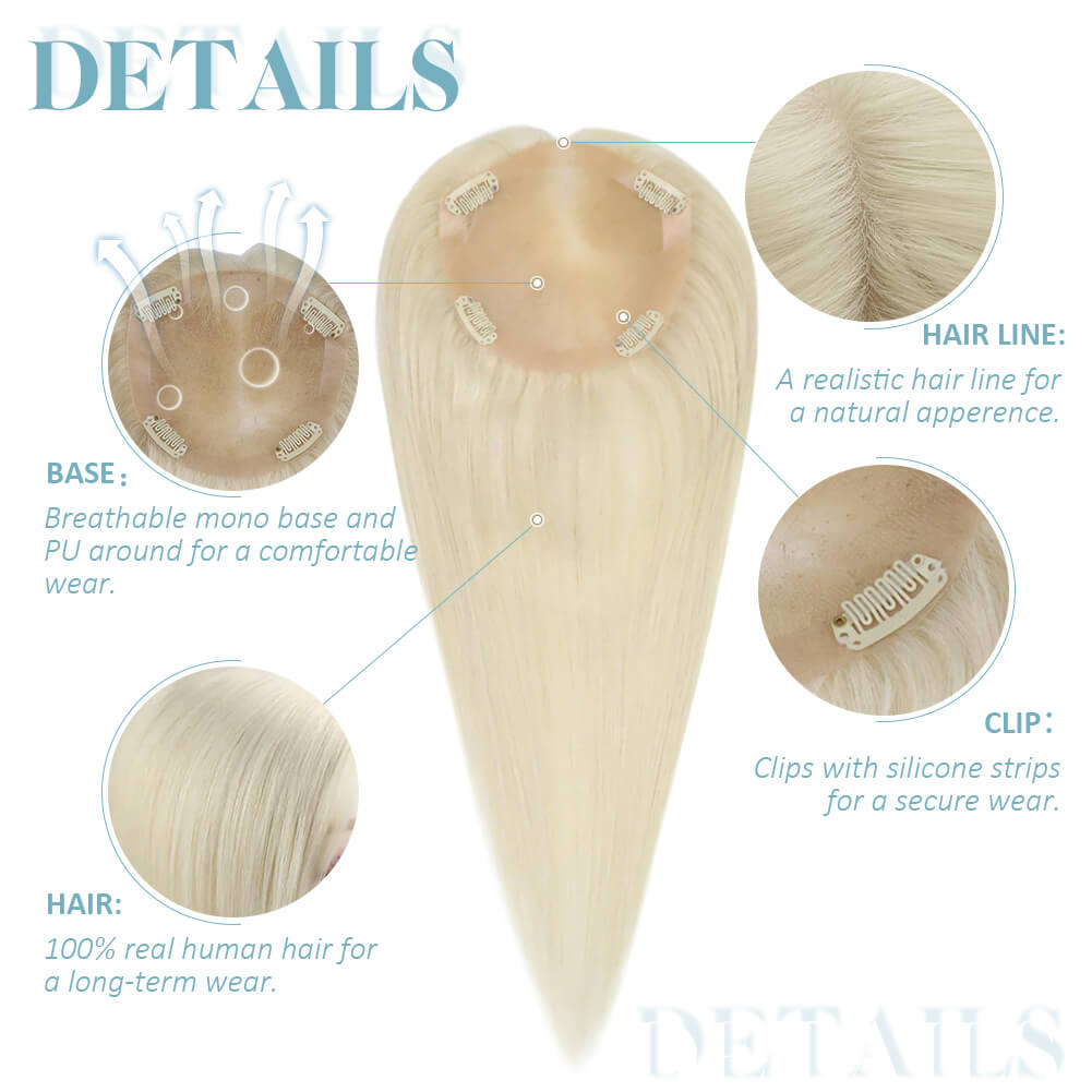 Hair Topper Real Human Hair 5"*5" Base Platinum Blonde