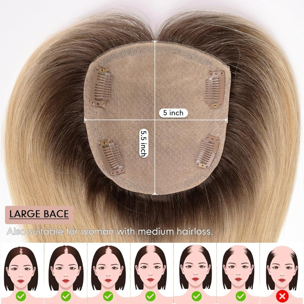 Hair Toppers for Women Real Human Hair 5"*5.5"Large Coverage Brown with Blond Highlight Hair Topper No Bangs
