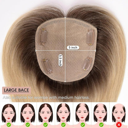 Hair Toppers for Women Real Human Hair 5"*5.5"Large Coverage Brown with Blond Highlight Hair Topper No Bangs