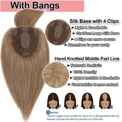 Human Hair Toppers For Women 100% Remy Topper With/Without Bangs 13*15CM Silk Base Clip In Topper 14inch - Blonde