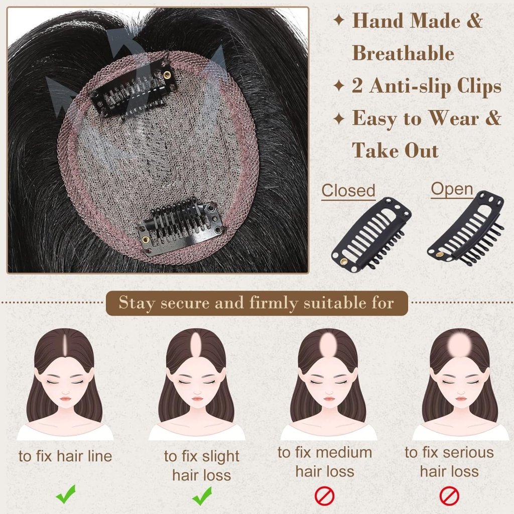 Hair Toppers Real Human Hair 10 inch with Bangs for Women Thinning Hair Dark Grey