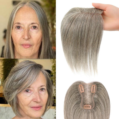 Hair Toppers for Women Real Human Hair Salt and Pepper Grey Human Hair Toppers 10 inch Dark Grey