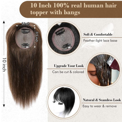 Hair Toppers Real Human Hair 10 inch with Bangs for Women Thinning Hair Dark Grey