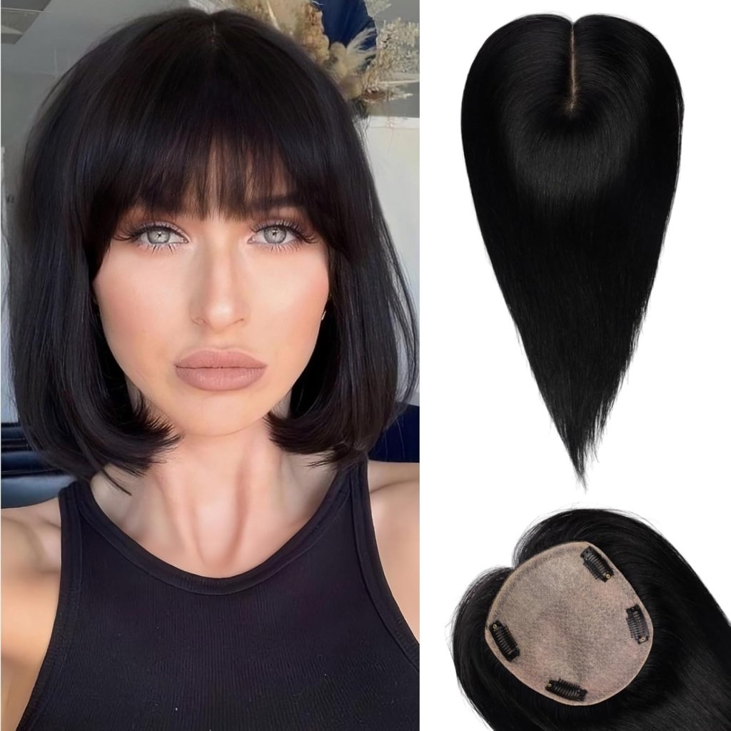 Hair Toppers for Women Real Human Hair 5"*5.5"Large Coverage Brown with Blond Highlight Hair Topper No Bangs