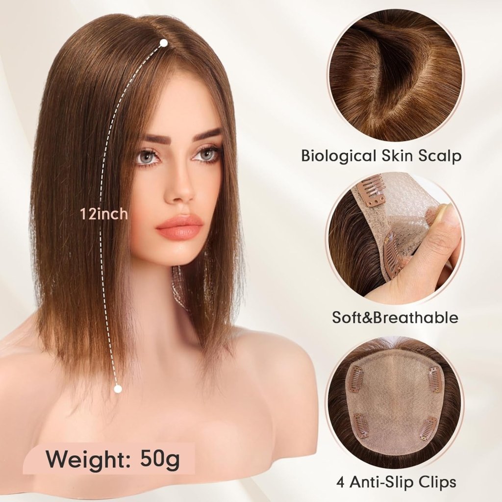 Hair Toppers for Women Real Human Hair 5"*5.5"Large Coverage Brown with Blond Highlight Hair Topper No Bangs