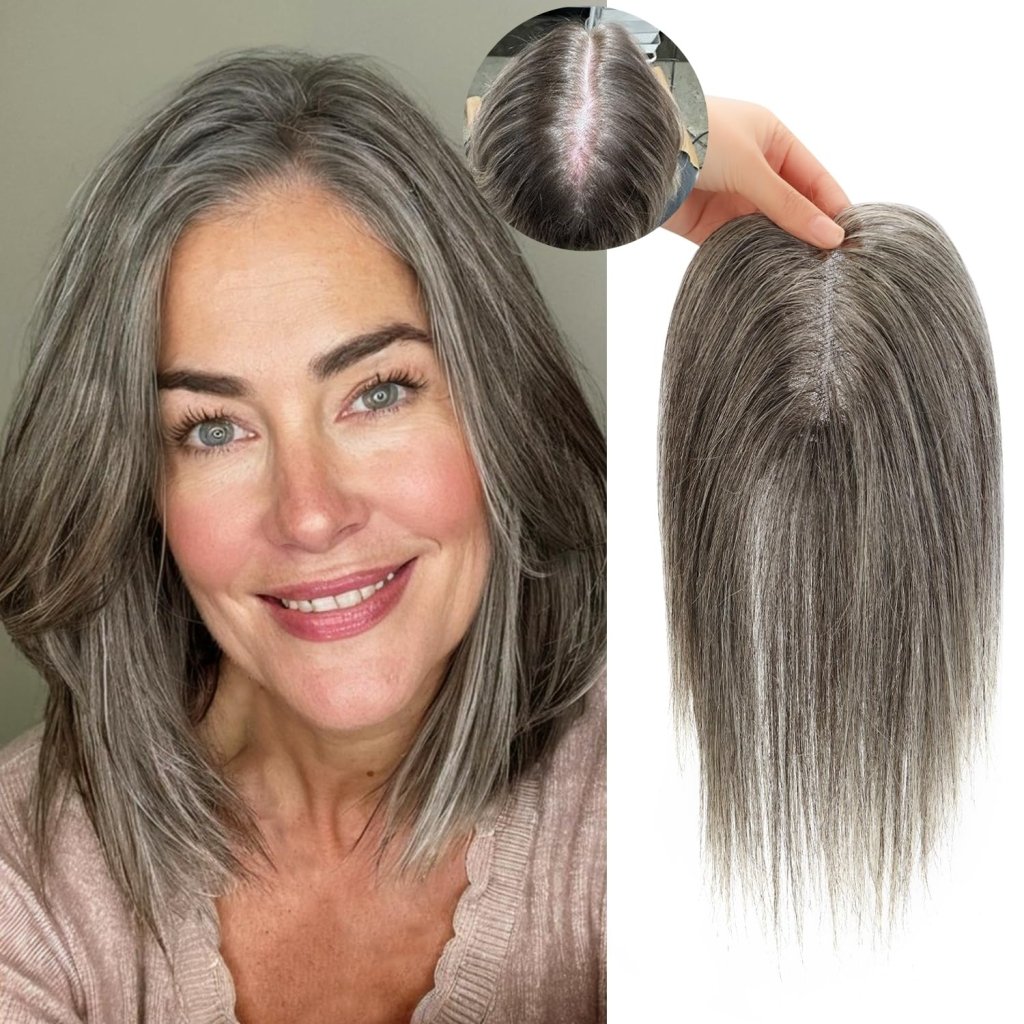 Hair Toppers for Women Real Human Hair Salt and Pepper Grey Human Hair Toppers 10 inch Dark Grey