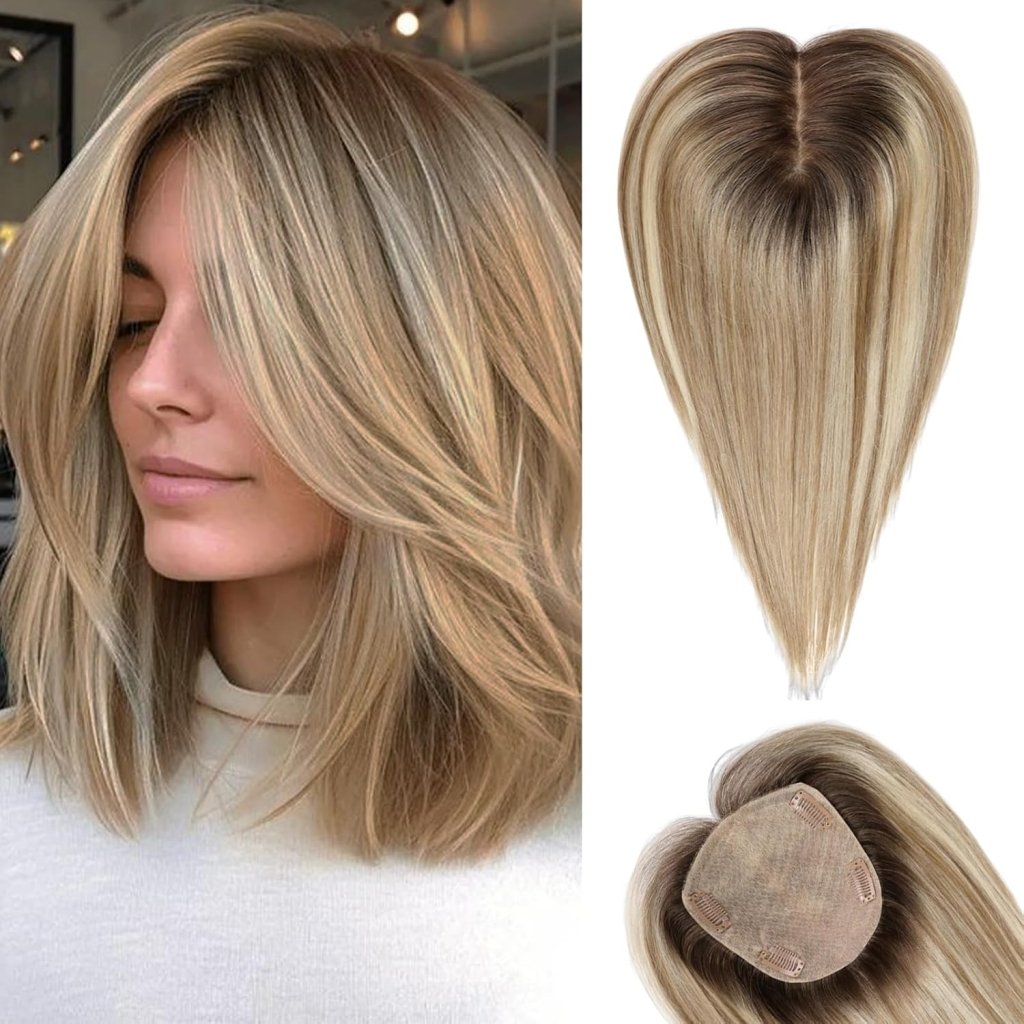 Hair Toppers for Women Real Human Hair 5"*5.5"Large Coverage Brown with Blond Highlight Hair Topper No Bangs