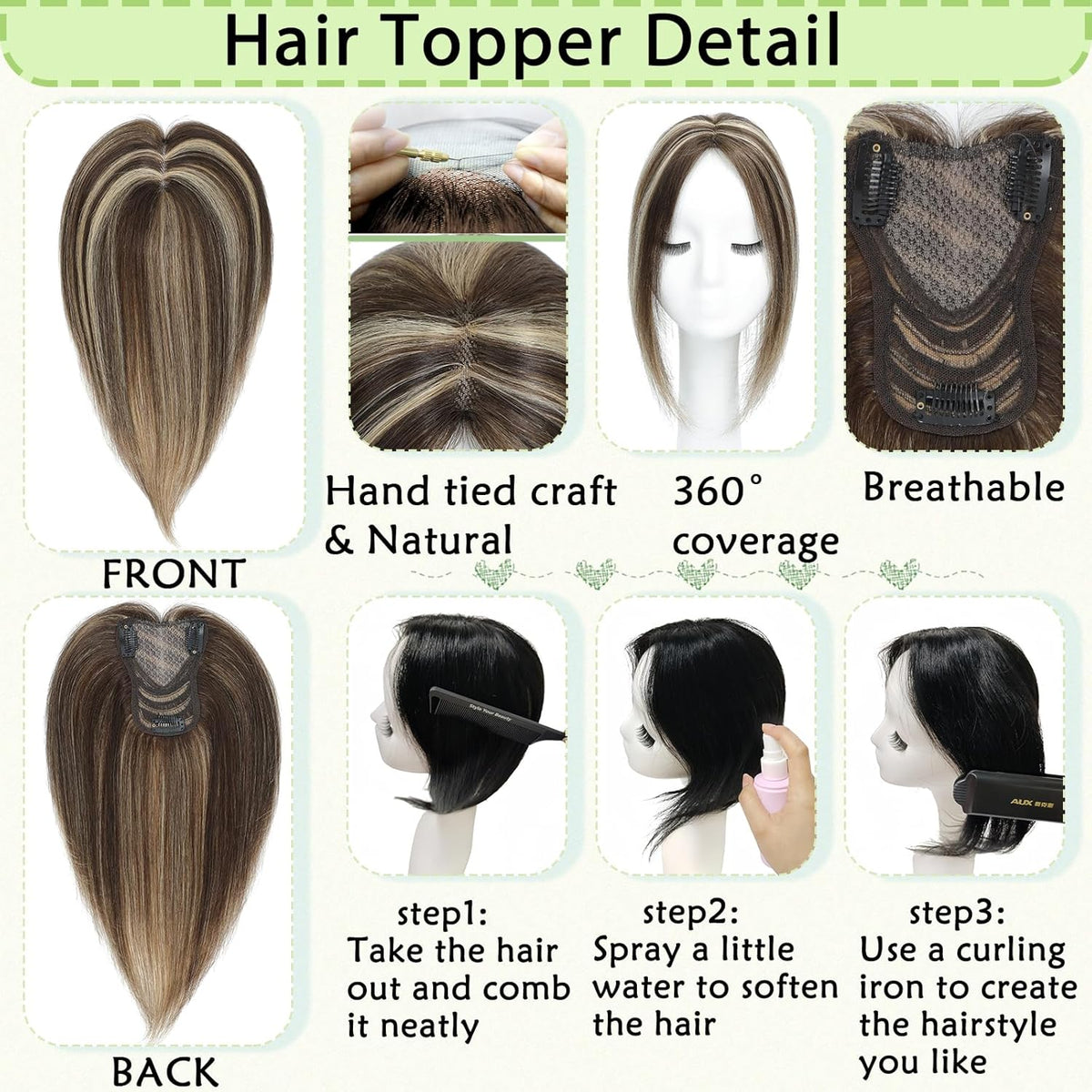 Hair Toppers for Women Real Human Hair 360° No Bangs Upgrade Lace Base Human Hair Toppers