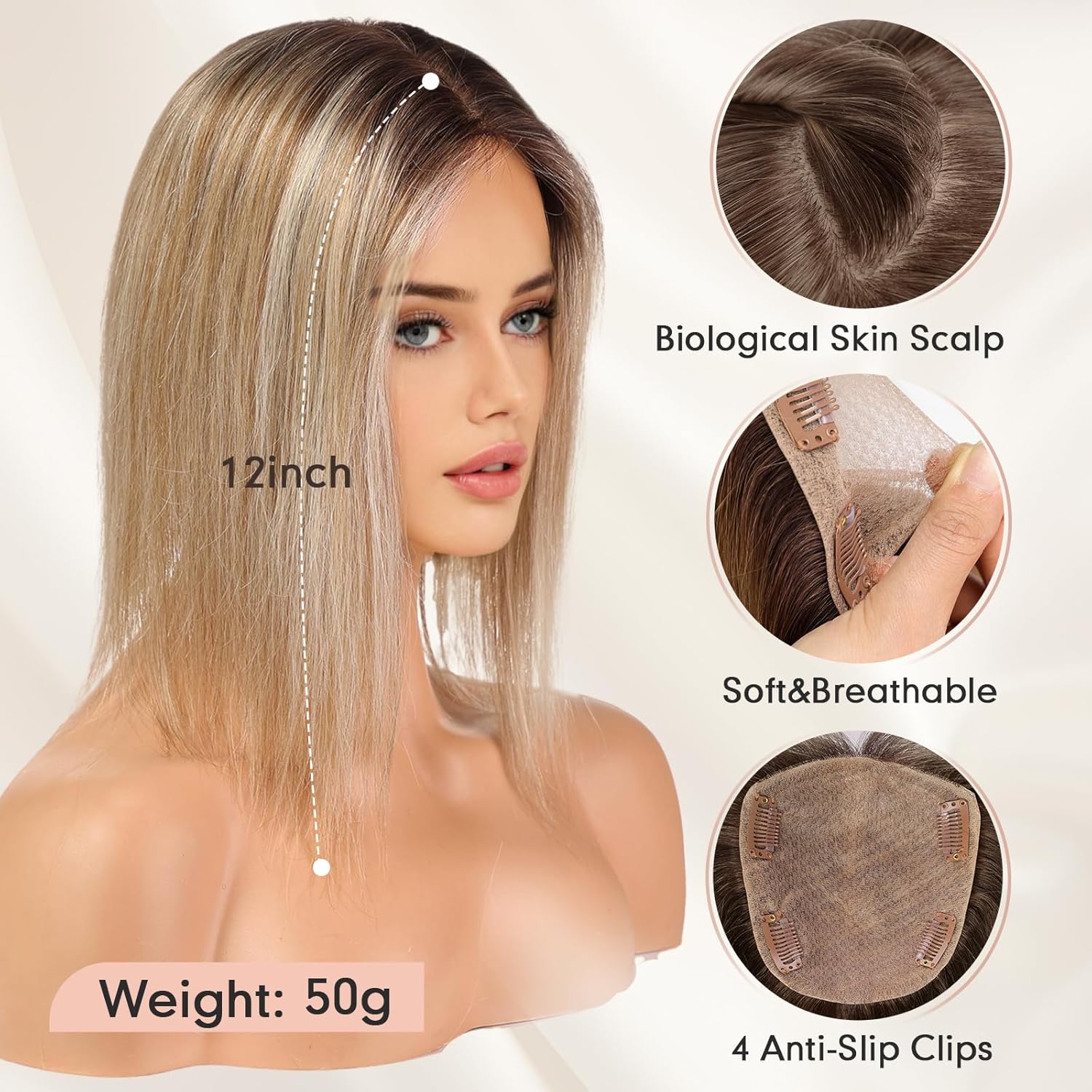 Hair Toppers for Women Real Human Hair 5"*5.5"Large Coverage Brown with Blond Highlight Hair Topper No Bangs