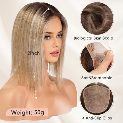 Hair Toppers for Women Real Human Hair 5"*5.5"Large Coverage Brown with Blond Highlight Hair Topper No Bangs