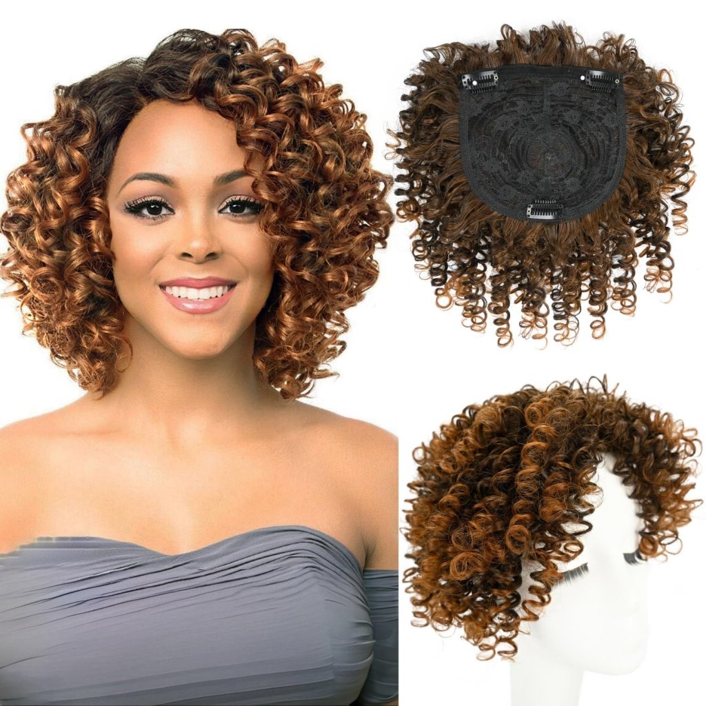Natural Afro Kinky Curly Short Hair Toppers with Bangs Black Clip in human hair Wiglets Hair Pieces