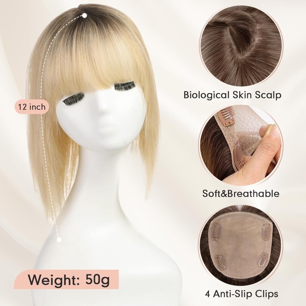 Hair Toppers for Women Real Human Hair 5"*5.5"Large Coverage Brown with Blond Highlight Hair Topper No Bangs
