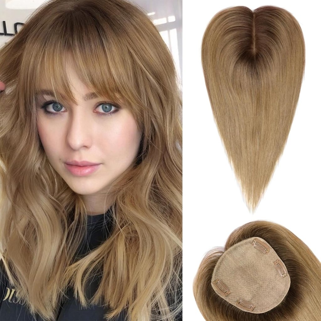 Hair Toppers for Women Real Human Hair 5"*5.5"Large Coverage Brown with Blond Highlight Hair Topper No Bangs