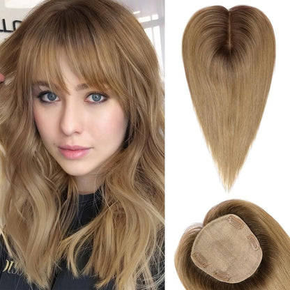 Hair Toppers for Women Real Human Hair 5"*5.5"Large Coverage Brown with Blond Highlight Hair Topper No Bangs