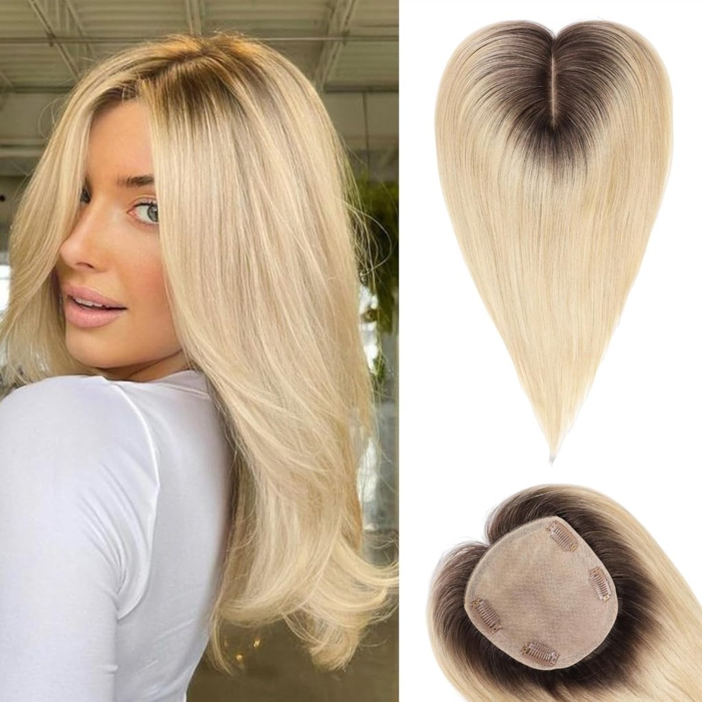 Hair Toppers for Women Real Human Hair 5"*5.5"Large Coverage Brown with Blond Highlight Hair Topper No Bangs