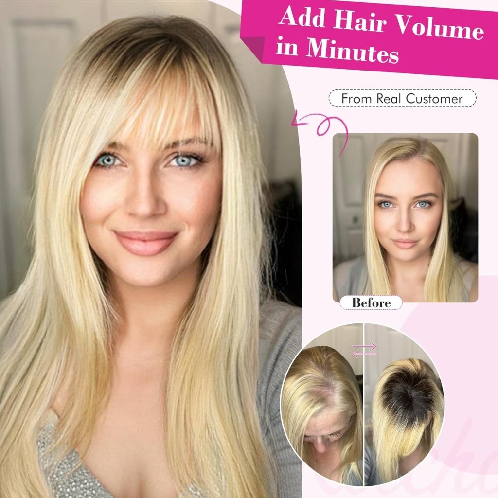 Hair Toppers Real Human Hair 10 inch with Bangs for Women Thinning Hair Dark Grey