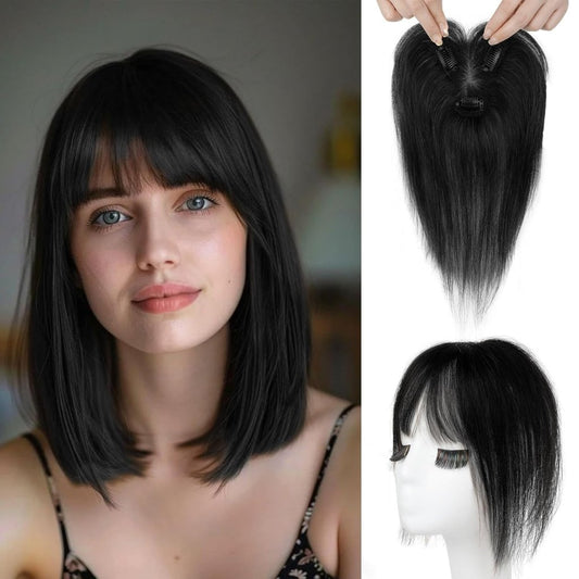 Hair Toppers for Women Real Human Hair Seamless Hair Piece with Bangs