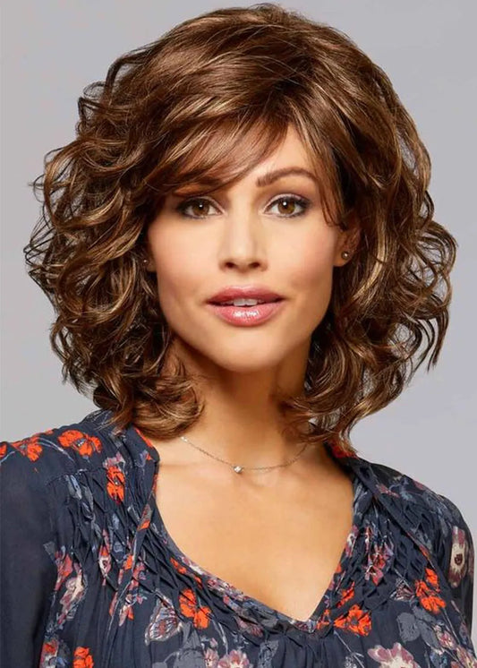 Mid Length-Curly Wavy Blonde Synthetic Hair Wigs Lace Front Wig 16inch