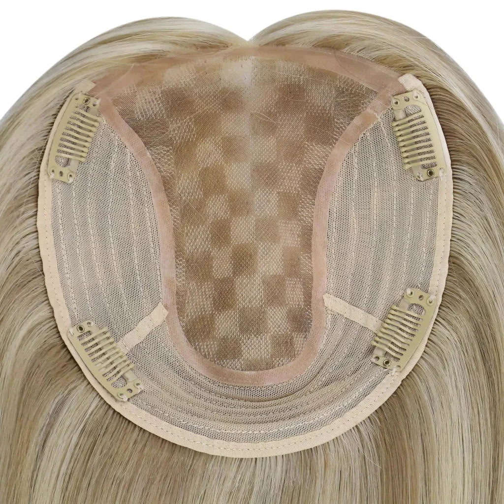 Virgin Clip on Hair Topper Large Base Highlight Blonde Wigs Hair Piece