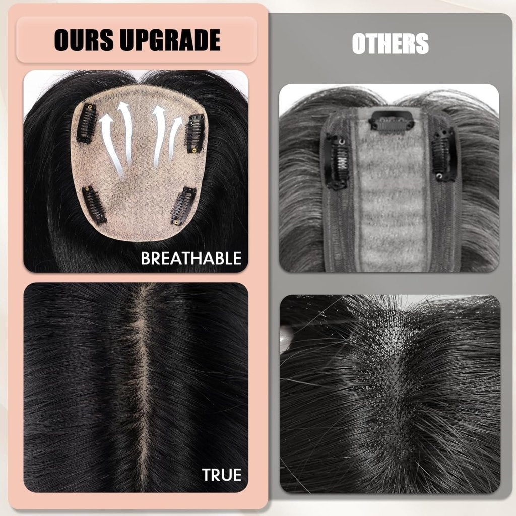 Hair Toppers for Women Real Human Hair 5"*5.5"Large Coverage Brown with Blond Highlight Hair Topper No Bangs