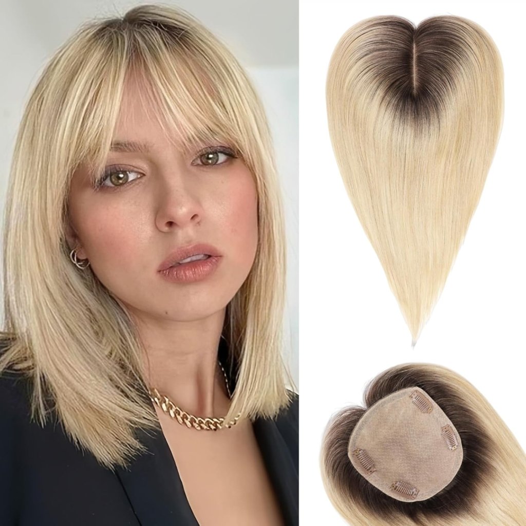 Hair Toppers for Women Real Human Hair 5"*5.5"Large Coverage Brown with Blond Highlight Hair Topper No Bangs