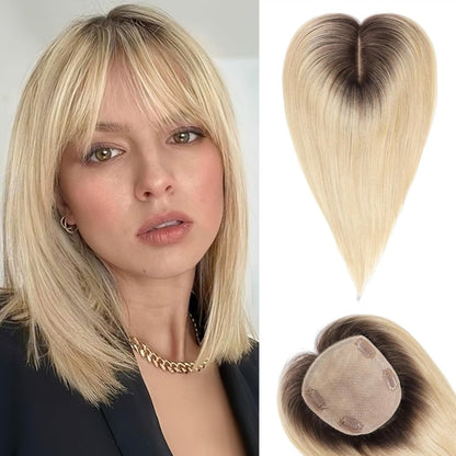 Hair Toppers for Women Real Human Hair 5"*5.5"Large Coverage Brown with Blond Highlight Hair Topper No Bangs