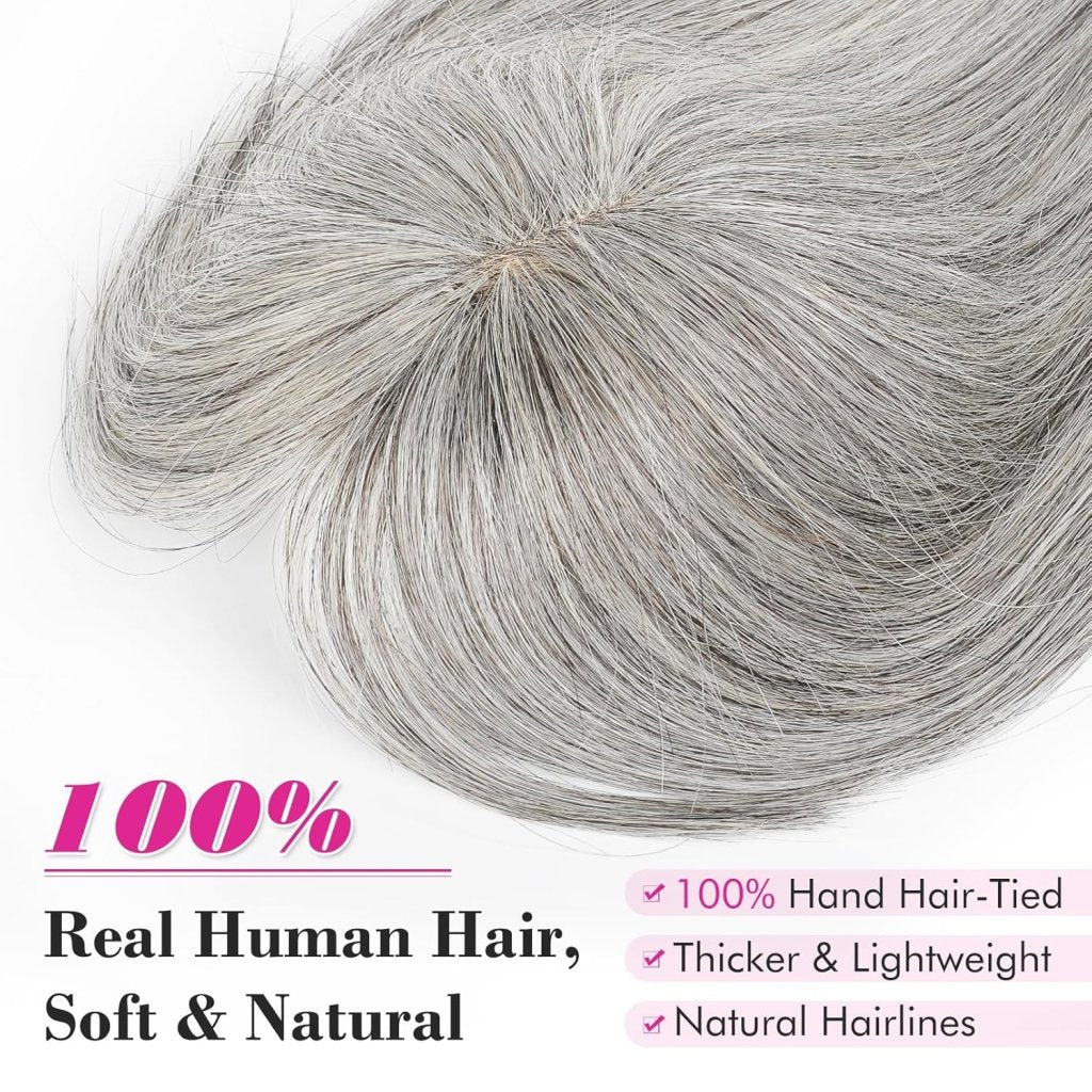 Hair Toppers Real Human Hair 10 inch with Bangs for Women Thinning Hair Dark Grey