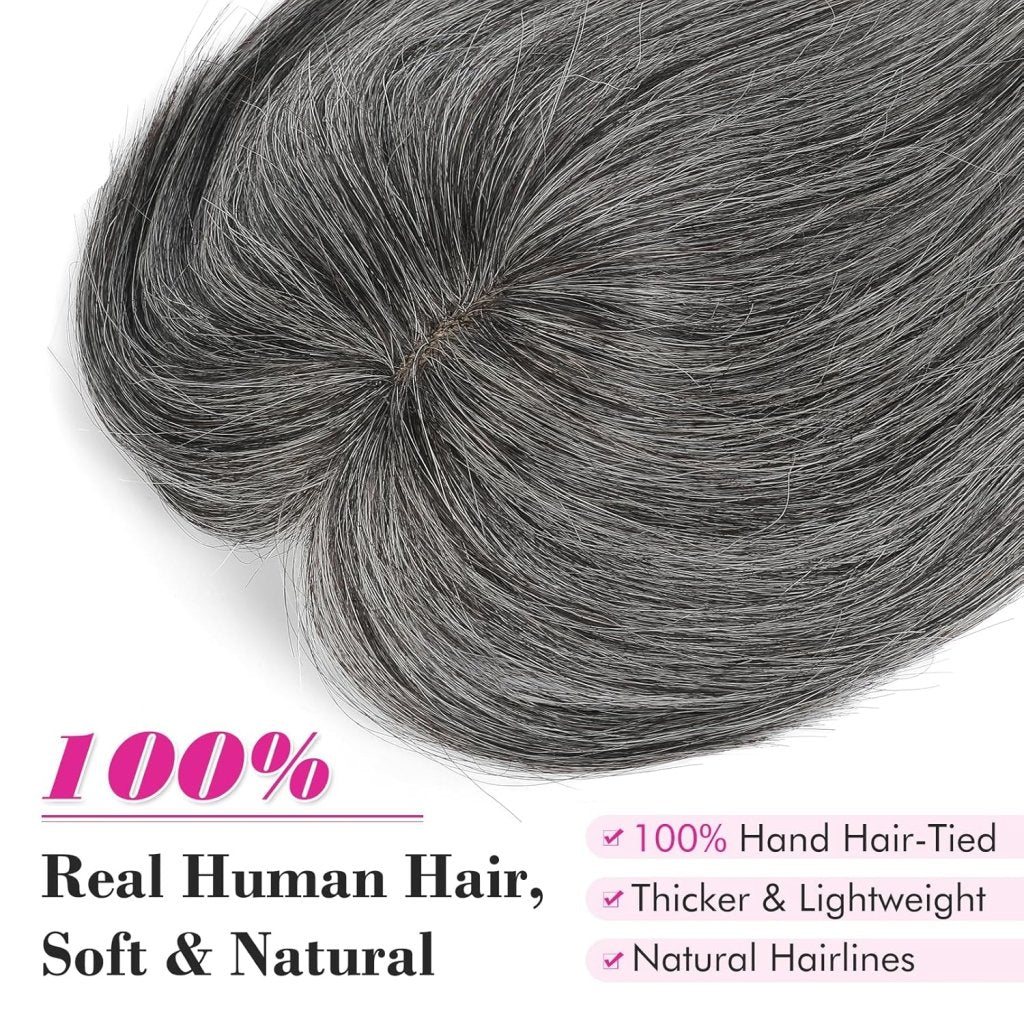 Hair Toppers Real Human Hair 10 inch with Bangs for Women Thinning Hair Dark Grey