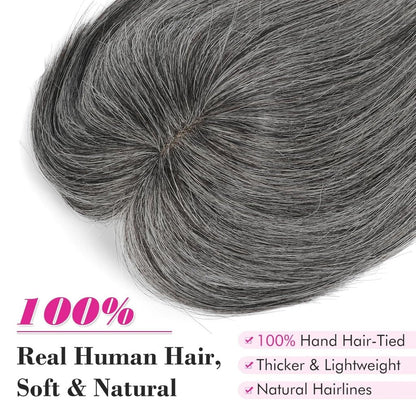 Hair Toppers Real Human Hair 10 inch with Bangs for Women Thinning Hair Dark Grey