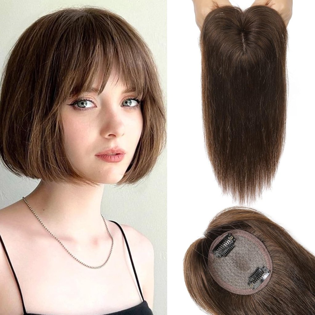 Hair Toppers Real Human Hair 10 inch with Bangs for Women Thinning Hair Dark Grey