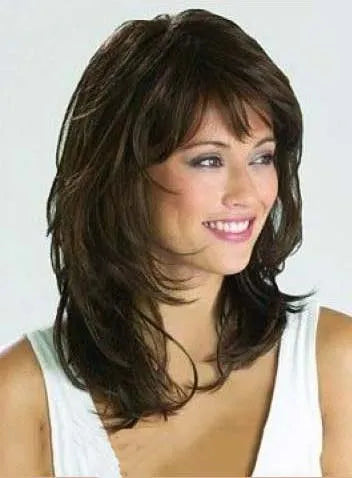 Medium Wavy Layered Cut Human Hair Capless Wigs 16 Inches