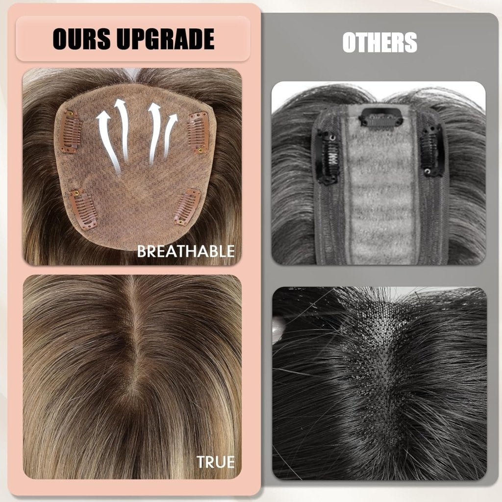 Hair Toppers for Women Real Human Hair 5"*5.5"Large Coverage Brown with Blond Highlight Hair Topper No Bangs