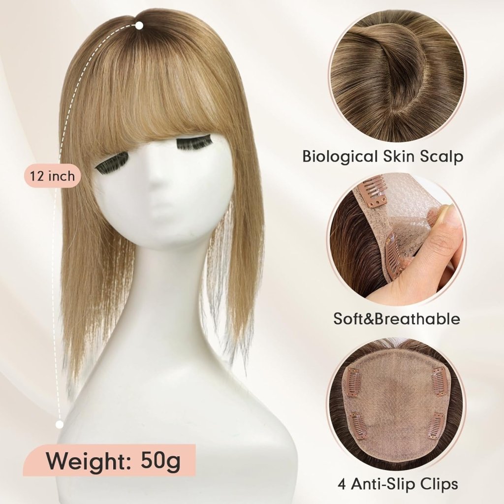 Hair Toppers for Women Real Human Hair 5"*5.5"Large Coverage Brown with Blond Highlight Hair Topper No Bangs