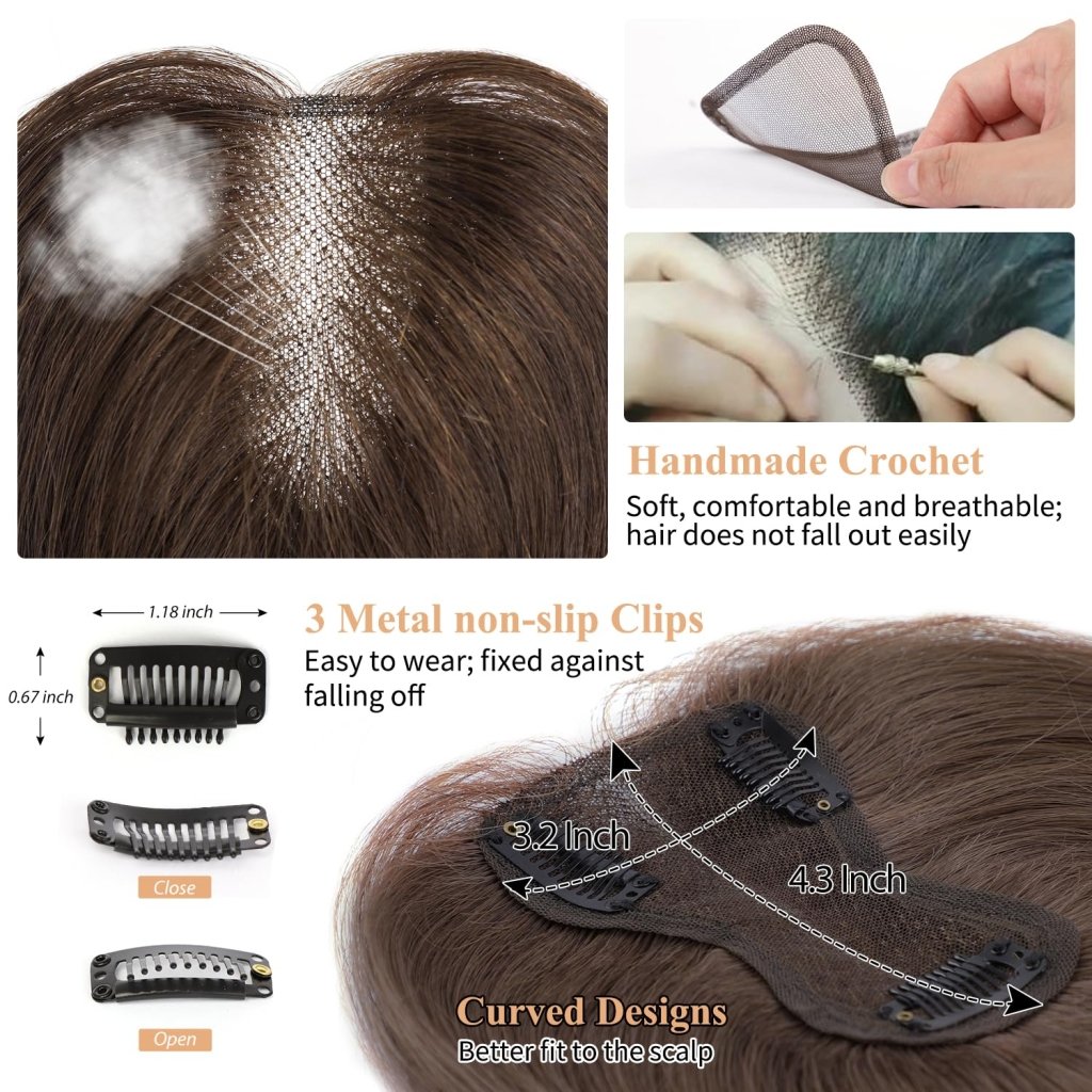 Hair Toppers for Women Real Human Hair Salt and Pepper Grey Human Hair Toppers 10 inch Dark Grey