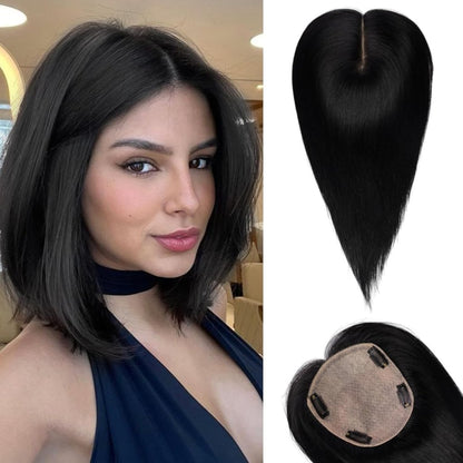 Hair Toppers for Women Real Human Hair 5"*5.5"Large Coverage Brown with Blond Highlight Hair Topper No Bangs