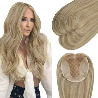 Virgin Clip on Hair Topper Large Base Highlight Blonde Wigs Hair Piece