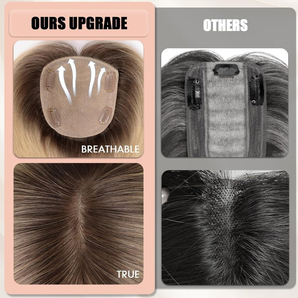 Hair Toppers for Women Real Human Hair 5"*5.5"Large Coverage Brown with Blond Highlight Hair Topper No Bangs