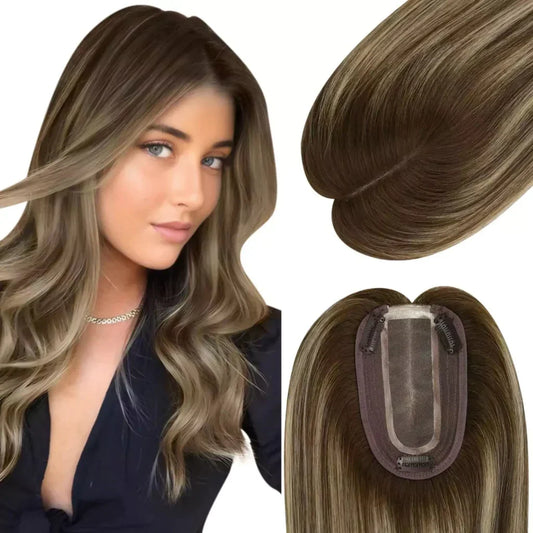 Virgin Hair Topper Medium Base Balayage Brown Mixed Blonde Wigs Hair Piece