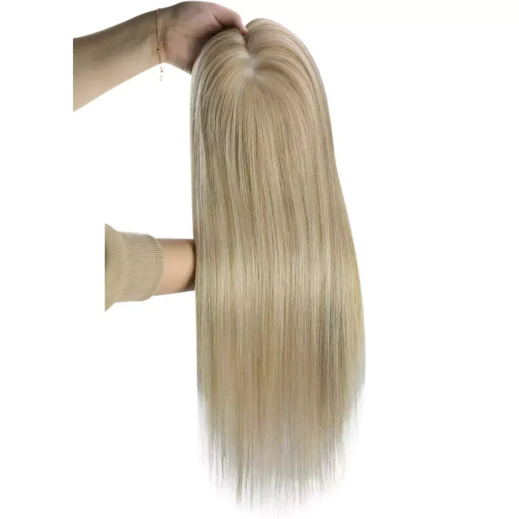 Virgin Clip on Hair Topper Large Base Highlight Blonde Wigs Hair Piece