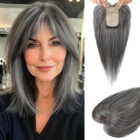 Human Hair Toppers for women 10 Inch Clip in Bangs 100％ Human Hair Toppers for Thinning Hair Cover Hair Pieces with Silk Base-Silver White