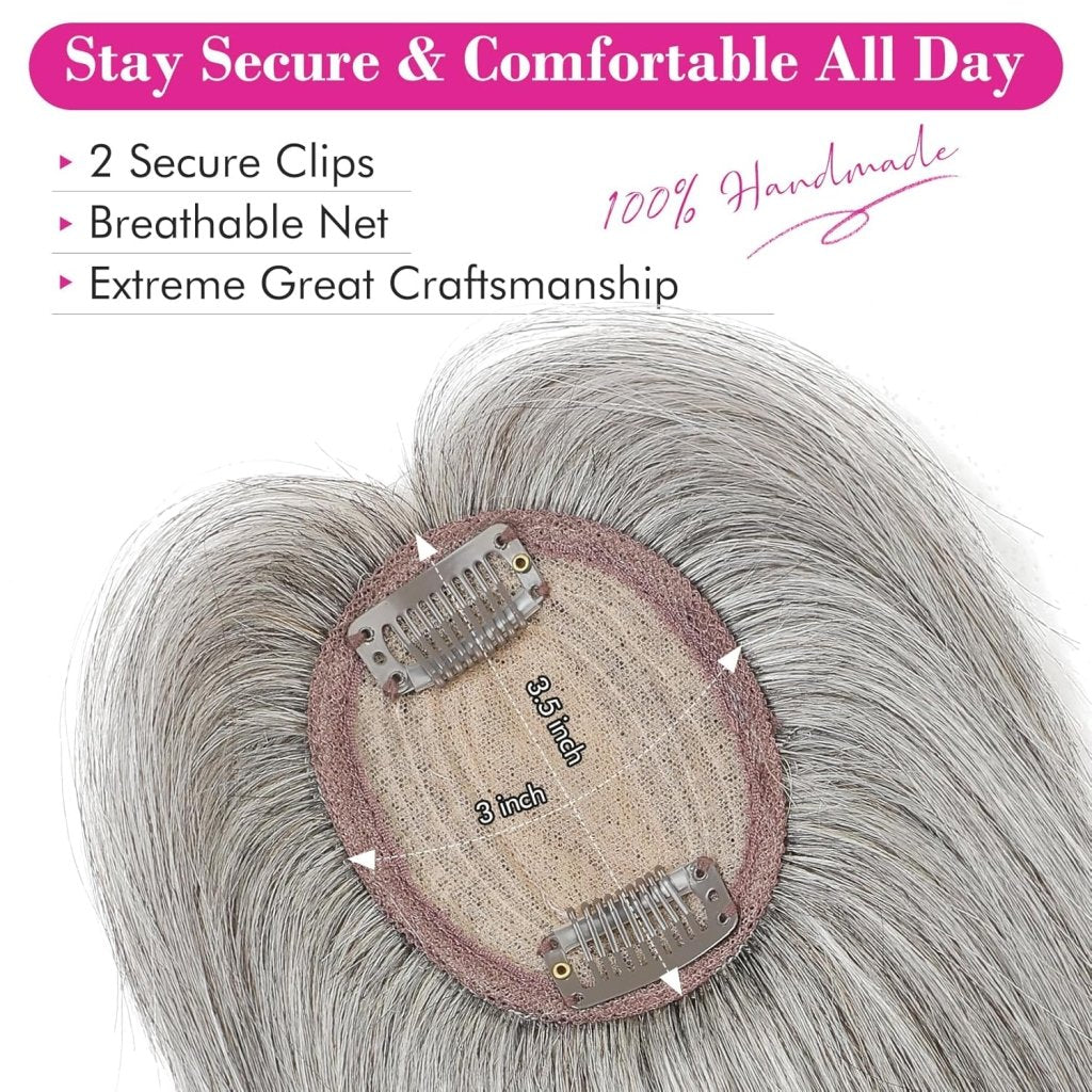 Hair Toppers Real Human Hair 10 inch with Bangs for Women Thinning Hair Dark Grey