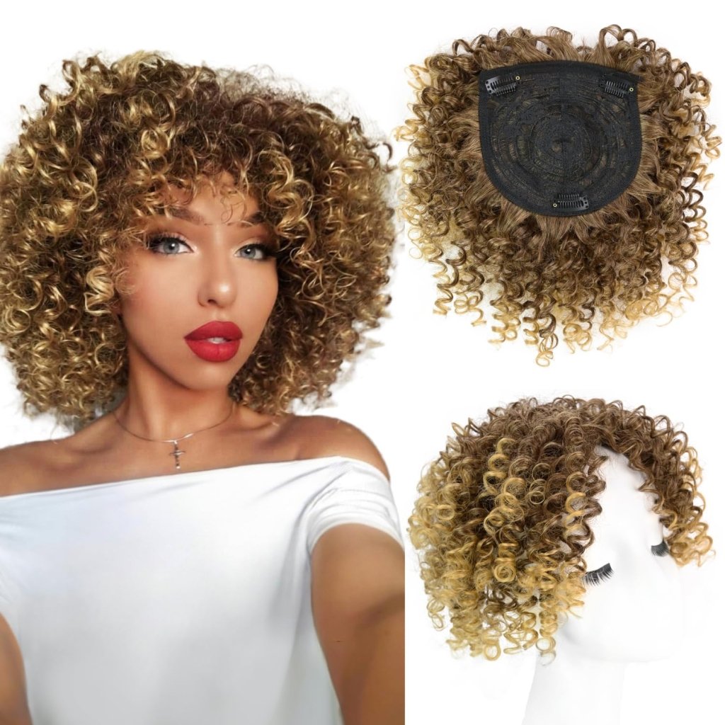 Natural Afro Kinky Curly Short Hair Toppers with Bangs Black Clip in human hair Wiglets Hair Pieces